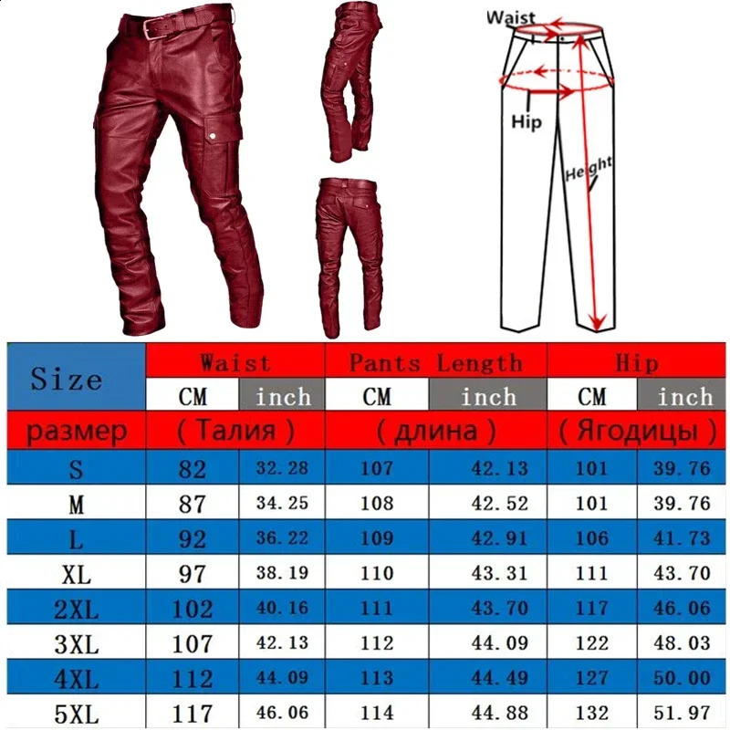 Mens Leather Motorcycle Pants with Cargo Pockets Black PU Pants No Belt Men Trousers Big Size S5XL 250827