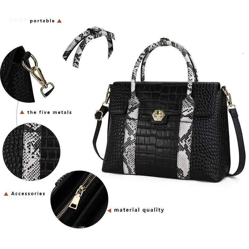Aidrani Light Crocodile Pattern Cowhide Women's Handbag Large Capacity Black Fashion Versatile One Shoulder Crossbody Bag