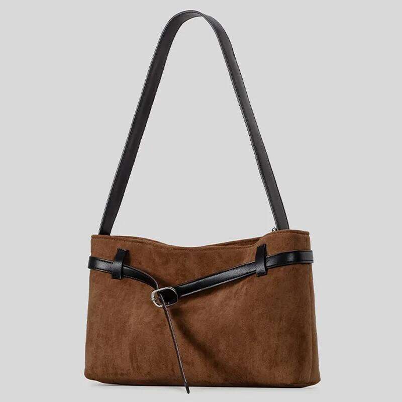 Vintage Faux Suede Belts Deco Tote 2025 Autumn And Winter New Womne Shoulder Bags Maillard Crossbody Bag