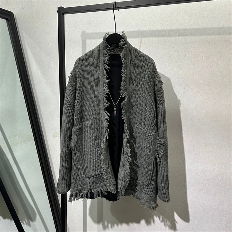 Vintage Raw Edge Knitted Sweater Kimono Cardigans Men Japan Style Streetwear Loose Casual Sweaters Coat Knitwear Jacket 250827