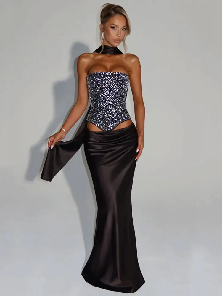 GACVGA Drilling Satin Sexy Dress Set With Scarf Women Sparkle Crop Top And Maxi Skirt Elegant Club Party Two Piece Skirt Set 250827
