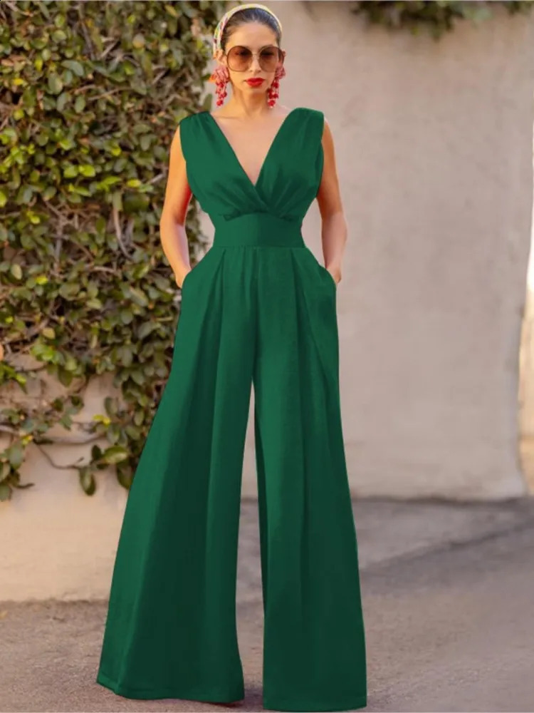 Jumpsuit Women Summer Sleeveless Sexy Deep Vneck Solid Color High Waist Wide Leg Jumpsuits Elegant Commuting Lady Playsuits 250827