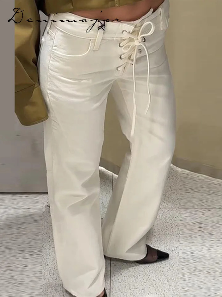 Drawstring Lace Up Jeans Women Loose White Pockets Low Waist Straight Long Pants 2025 Casual Fashion Lady Streetwears Z260313