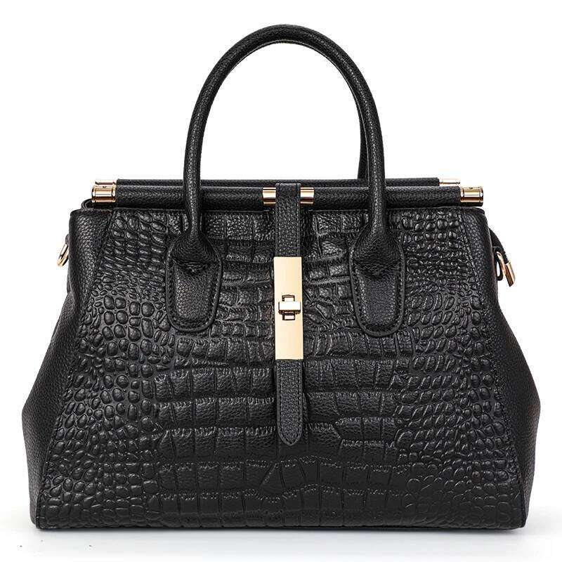 Aidrani Trendy Women's Handbag With Crocodile Pattern On The Surface Black Cowhide Large Bag