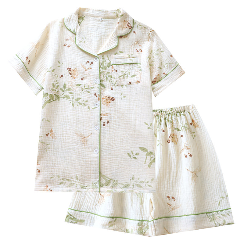New summer gauze sleepwear set, women's short sleeved shorts, casual two-piece set, summer cotton yarn crepe fabric home wear