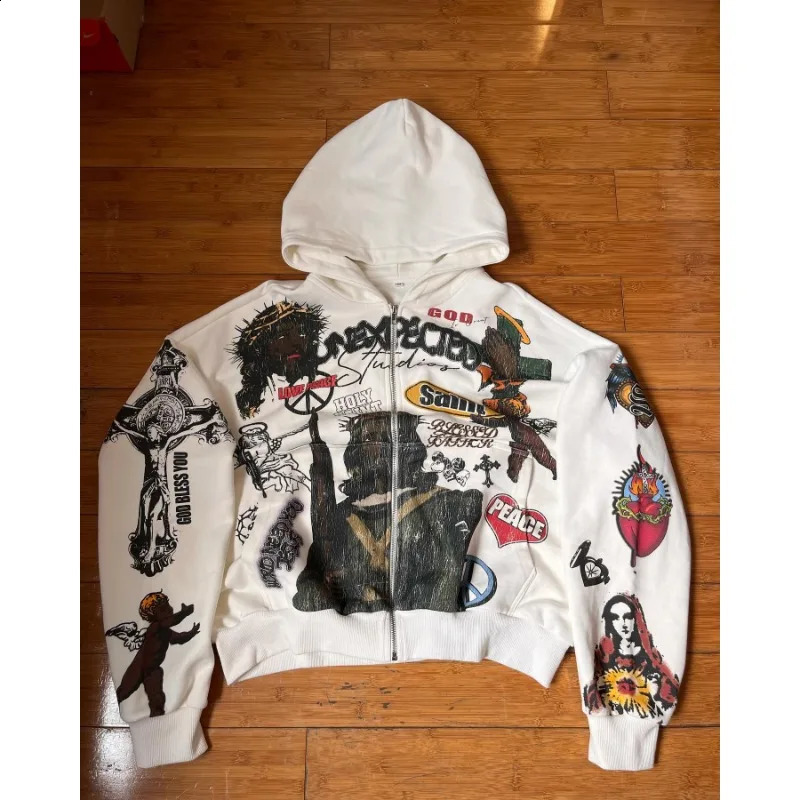 Y2K geometric pattern letter print street hiphop zipper hoodie for men 2024 versatile autumn and winter warm sweatshirt250828