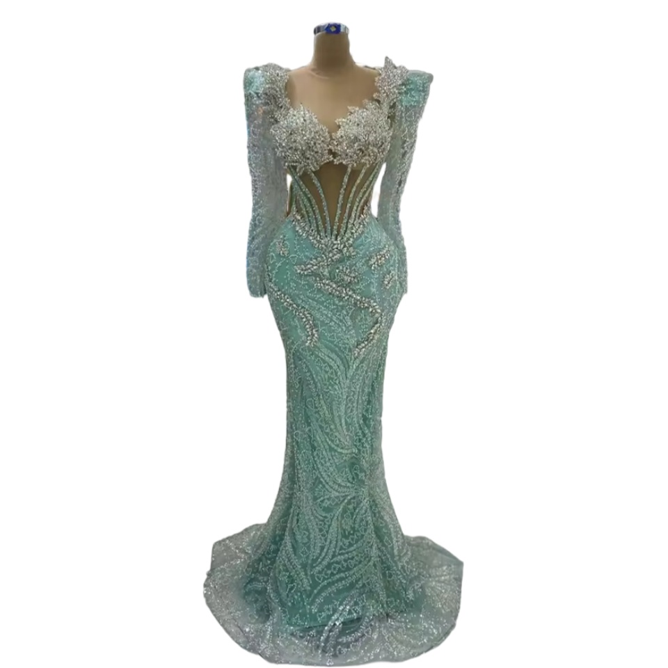 Sage Mermaid Prom Dresses 2025 Crystals Sheer Neck Sequined Sparkly Evening Formal Party Second Birthday Engagement Gowns Plus Size Dress For Special 