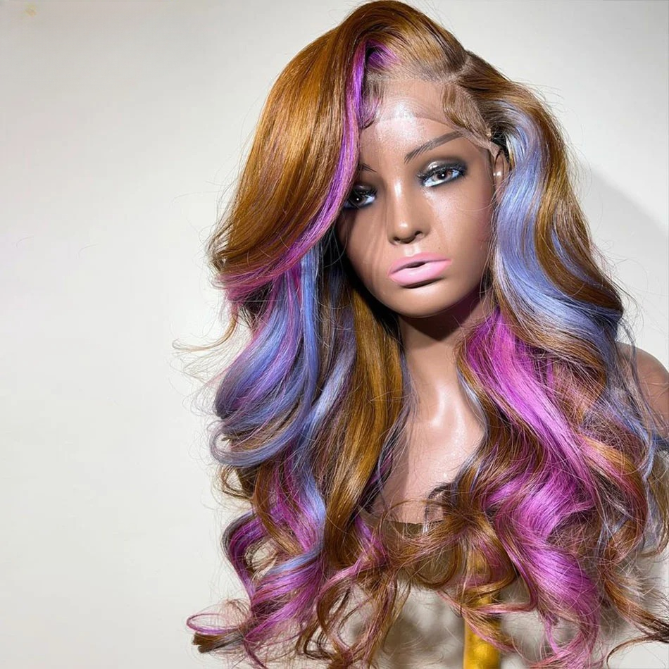 Body Wave Lace Frontal Wig Ombre Human Hair Wigs 200% Brown Purple Pink Highlight 13x4 Wavy Lace Front Wig Ready To Wear Glueless Wig Synthetic