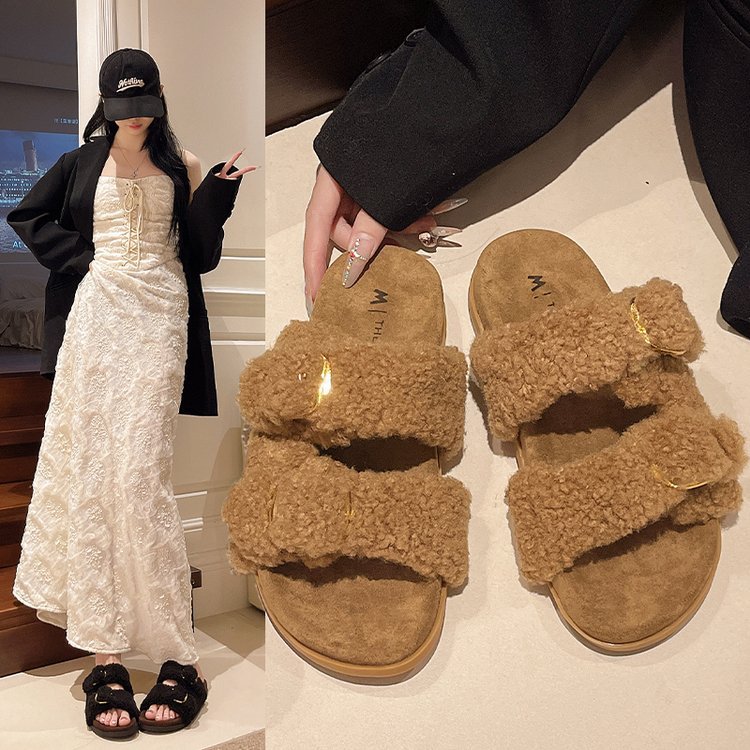 Hot free shipping desiger slippers for womens flat slippers green black beige grey brown Velvet toe wrapped slippers