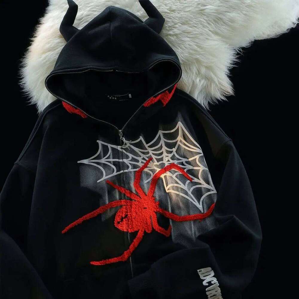 Y2k Zipper Up Haruku Hip Hop Graphics Embroidered Devil Horns Hoodie Sweatshirt Mens Womens New Gothic Jacket Coats