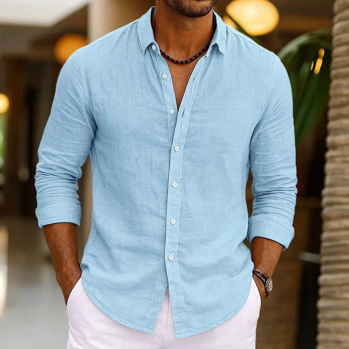 Mens Linen Shirt Summer Beachwear Button Solid Color Cotton Linen Long Sleeve Shirt Vacation Mens Clothing Fast 250827