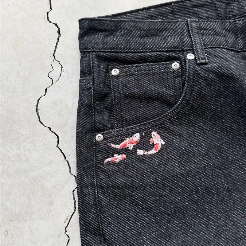 Hip Hop Cartoon Pattern Pocket Embroidery Denim Shorts Y2k Retro Baggy Dark Blue Jeans Short Men Women Street Skateboard Jorts 250827