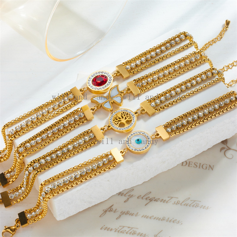 18k Gold Cubic Zirconia Diamond Bracelet for Women Designer Jewelry Charm Butterfly Tree Love Heart Stack Bracelet Bangle Cuff Mother Birthday Wife Gi