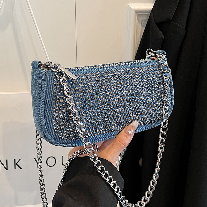 Autumn New Women s Shoulder Bag Fashion New Spicy Girl Rhinestone Decoration Denim Armpit Bag Niche Design Chain Women s Crossbody Bag Autumn New Desi