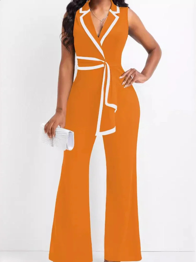 Womens Overalls Outfits Full Length Fashion Summer V Neck Elegant Sleeveless Office Lady Jumpsuit Wide Leg Pants 250827