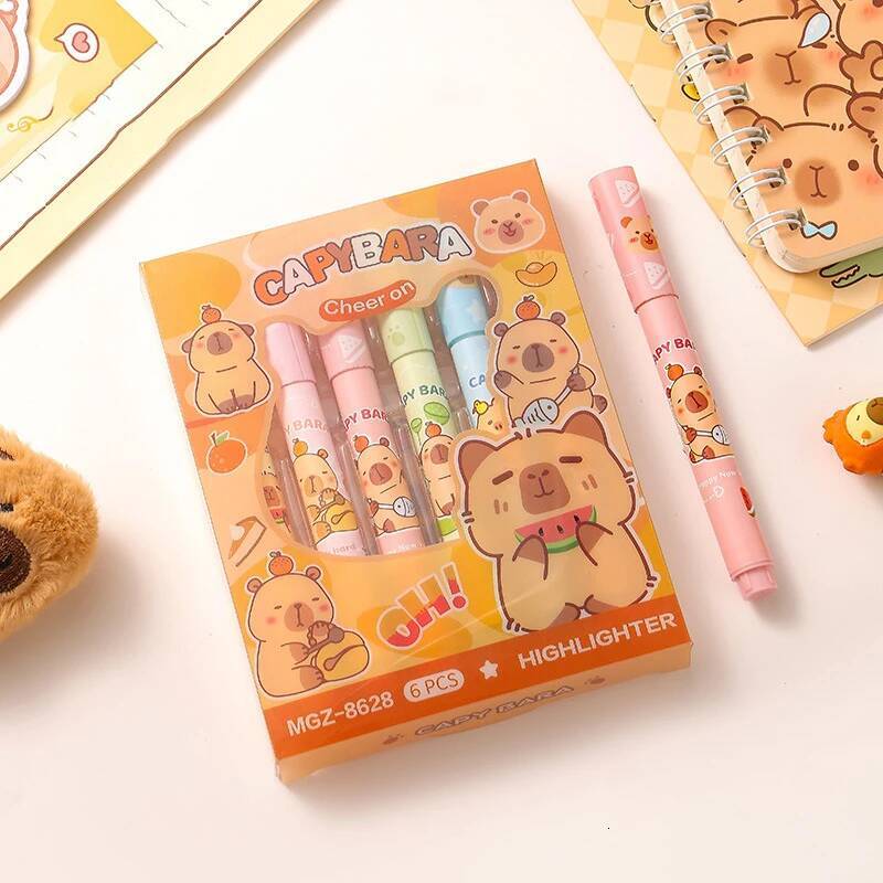 6Pcs/Set Cute Cartoon Capybara Highlighter Writing Smooth Quick-Drying Pen