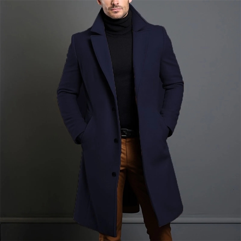 Warm And Comfortable Black Trench Coat For Men Long Sleeve Single Breasted Overcoat Perfect For Fall And Winter 250827