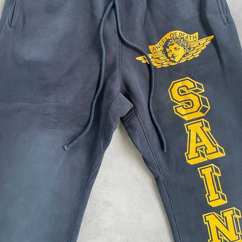 Hip Hop Cracked Graphics Print Saint Sweatpants Men Women Jogger Drawstring Casual Pants Vintage Washed Navy Blue Trousers X250828
