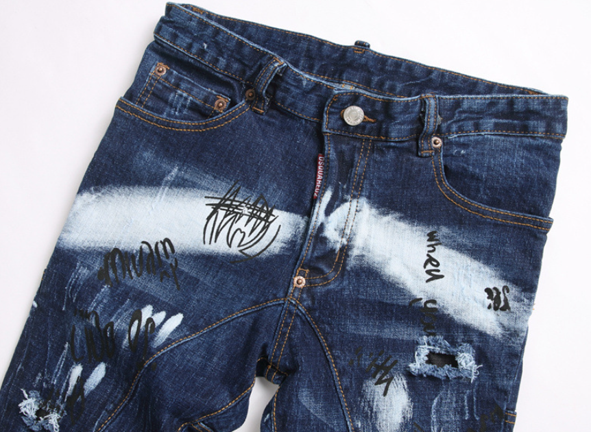 New Punk Piercing Patch Printed Hot Selling Men's Slim Fit Elastic Small Foot Jeans