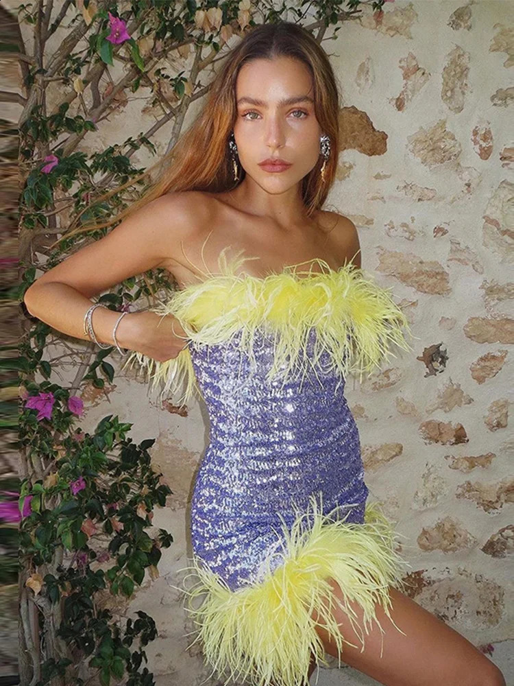 Y2k Sequins Feather Short Dress Women Sexy Sleeveless Tube Dresses Lady Elegant Beach Party Evening Robes 250828