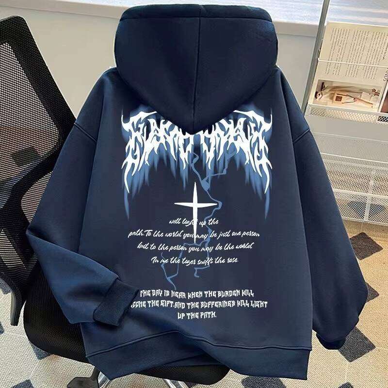 High Street Fashion Men's Hooded Sweatshirt American Brand's Lighing Cross Printed Cotton Loose Fit Winter Hoodie