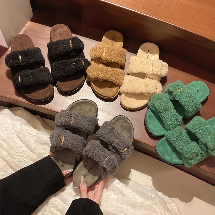 Hot free shipping desiger slippers for womens flat slippers green black beige grey brown Velvet toe wrapped slippers