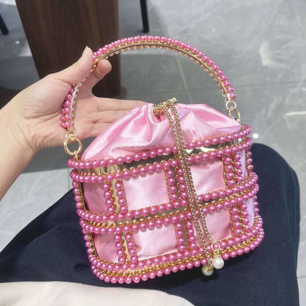 Hollow Out Dia Bucket Evening Clutch Bags Women Top Handle Pearl Beaded Metallic Cage Handbags Ladies Wedding Purse