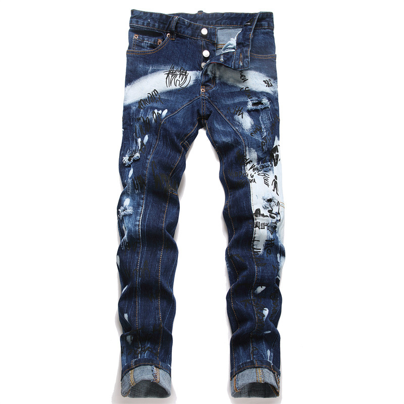 New Punk Piercing Patch Printed Hot Selling Men's Slim Fit Elastic Small Foot Jeans