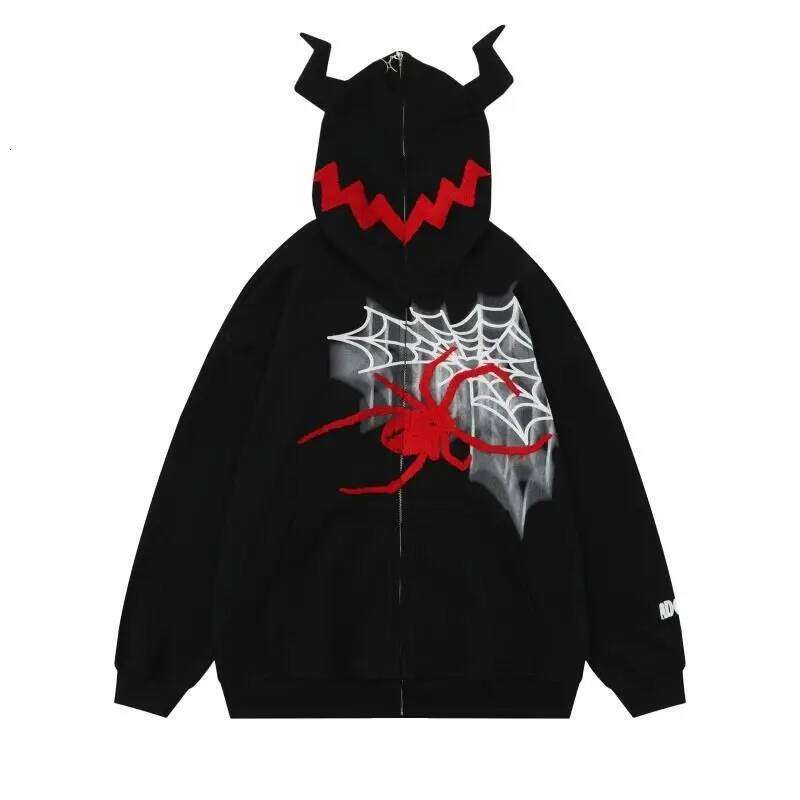 Y2k Zipper Up Haruku Hip Hop Graphics Embroidered Devil Horns Hoodie Sweatshirt Mens Womens New Gothic Jacket Coats