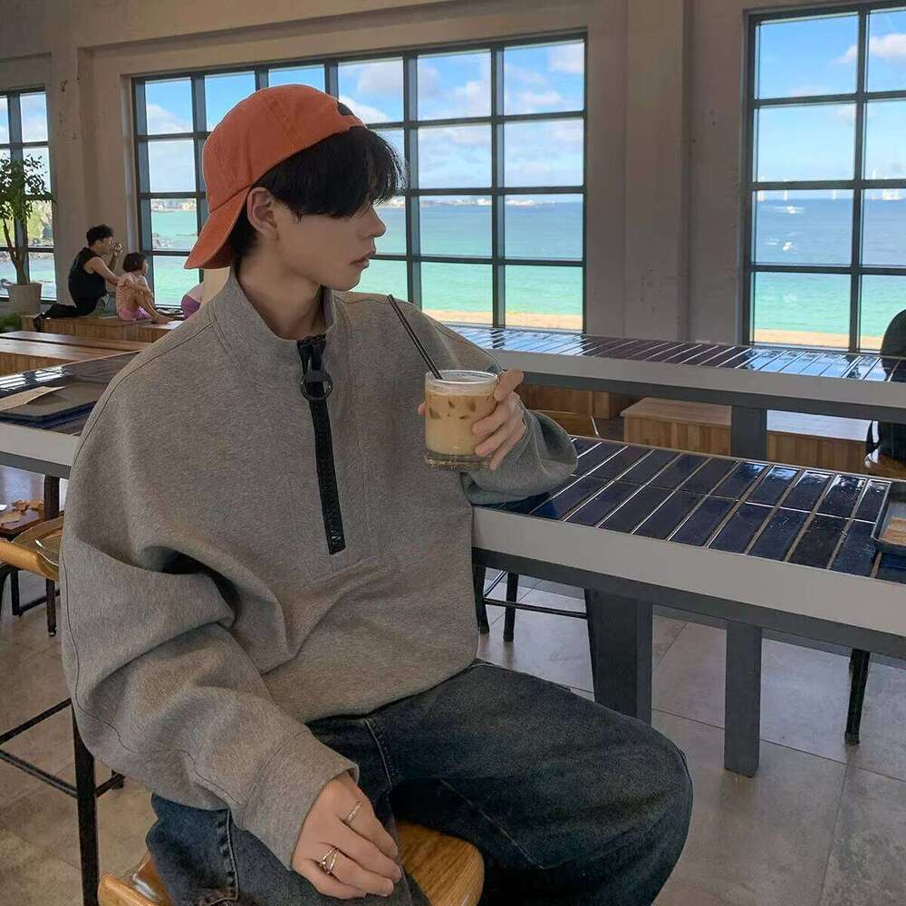 2025 Unisex Korean Style Deconstructed Design Gray Half-Zip Long Sleeve Pullover Sweatshirt Hooded Collar for Autumn Printed