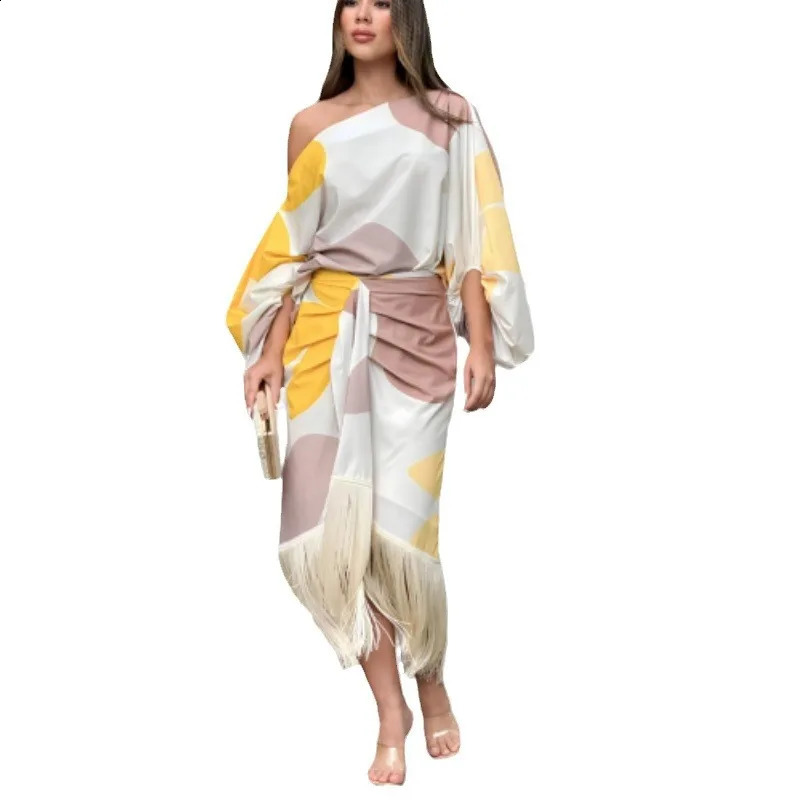 Two Piece Set Women Dress Outfit Spring Fashion Print Lantern Sleeve Diagonal Collar Top Tassel Hem High Waist Skirt Set 2 Piece 250827