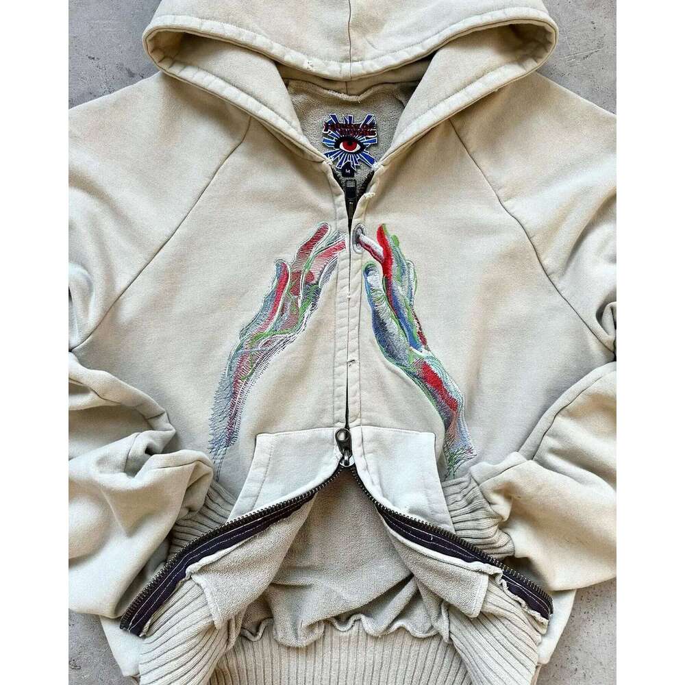 Haruku Hip Hop Goth Sweatshirt Zip Up Hoodie Y2k Plus Veet Oversized Pattern Hooded Tops Men And Women Hoodies Streetwear