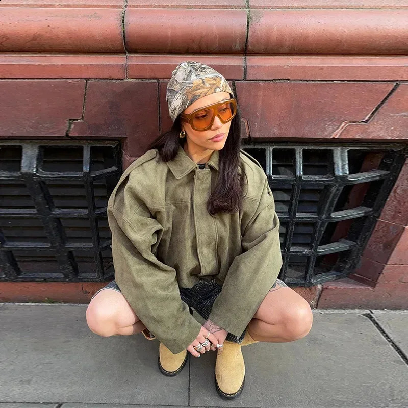 Brown Green Suede Jacket Women Lapel Zipper Long Sleeve Pockets Bomber Coat 2025 Spring Autumn Lady Loose Motorcycle Outwears 250827