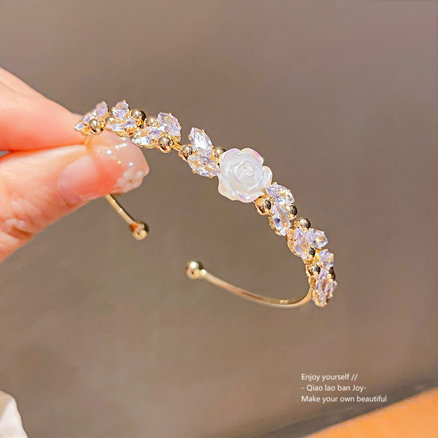 Gold - Toned Floral Cuff Bracelet, CZ - Sparkled Leaves, White Resin Rose, Romantic - Dainty Vibe for Daily or Elegant Looks, Graceful Jewelry Accesso