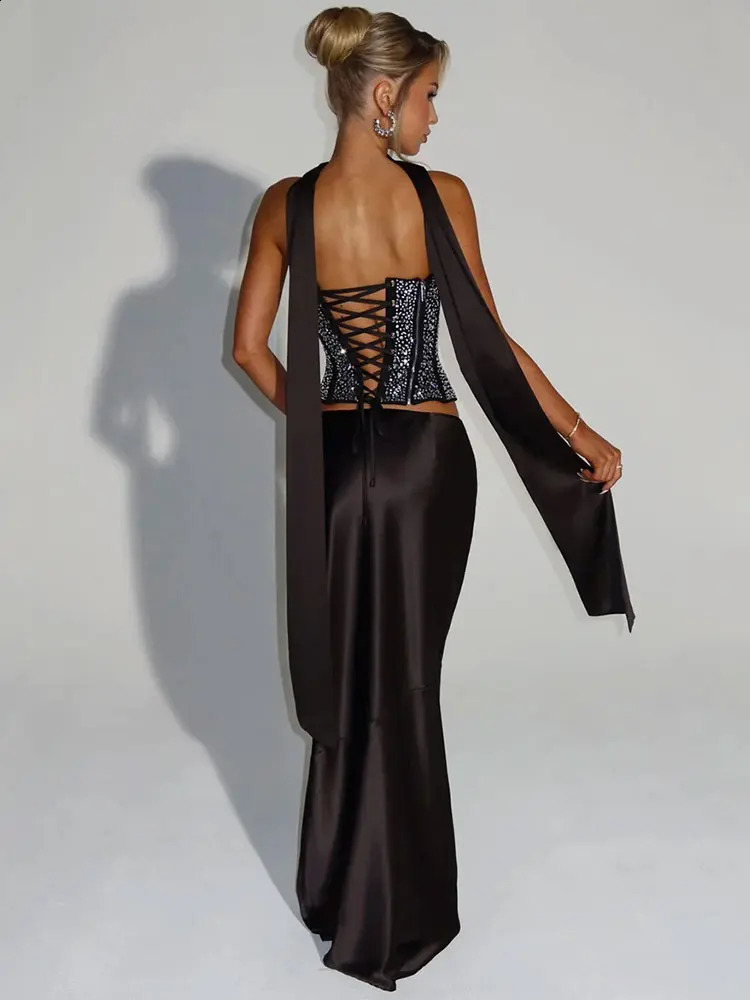 GACVGA Drilling Satin Sexy Dress Set With Scarf Women Sparkle Crop Top And Maxi Skirt Elegant Club Party Two Piece Skirt Set 250827