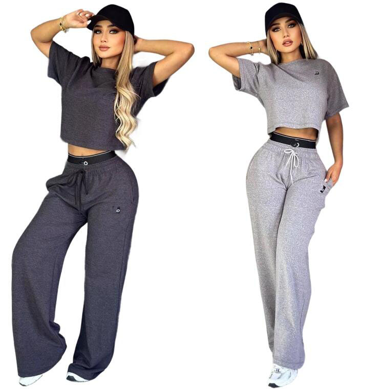 New women's embroidered letter Tracksuits designer casual high waist exposed navel T-shirt wide leg pants 2-piece set yoga Style Outfits