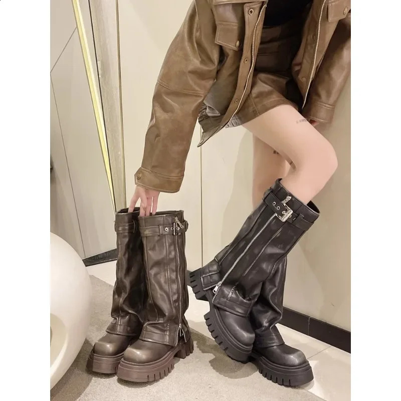 Desinger Knight Women Mid Calf Boots Chunky High Heeled Platform Punk Motorcycle Long Booties Goth Street Shoes for Women 250918