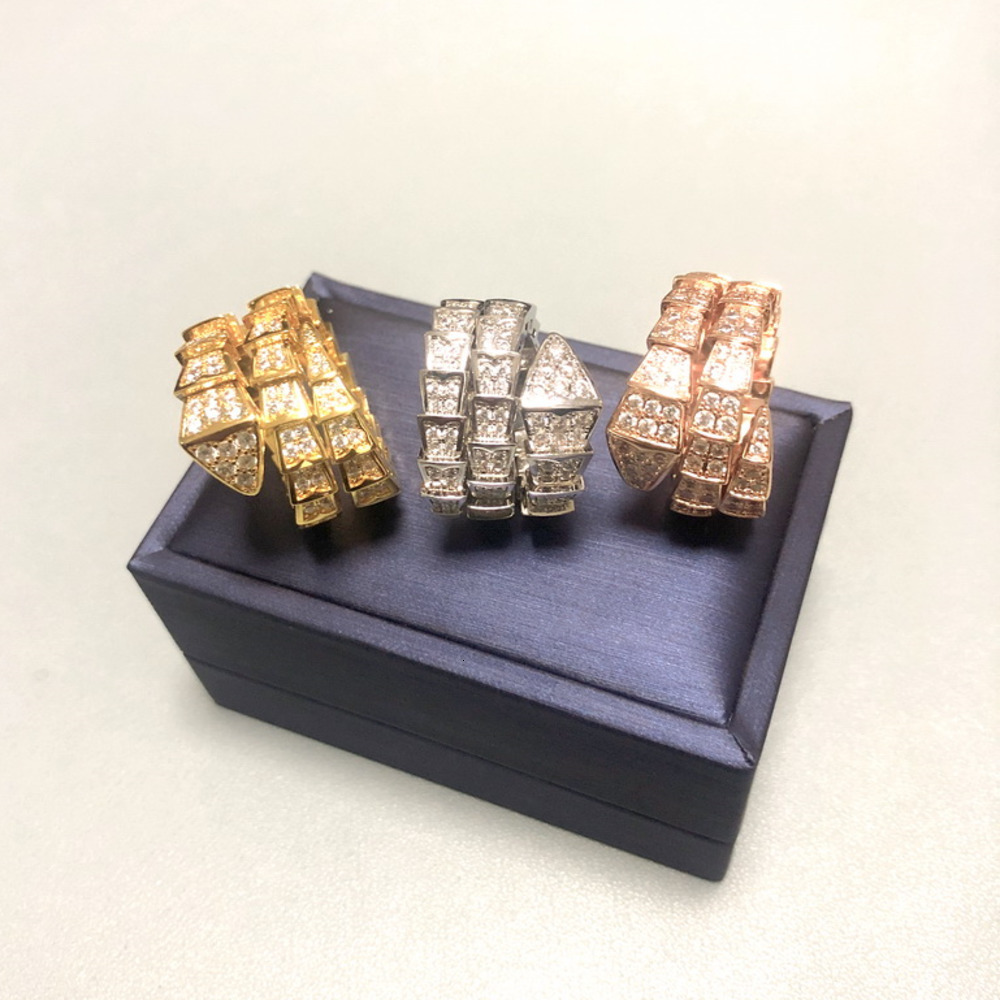 Band Rings Europe America Designer Collection Fashion Style Rings Lady Women Settings Full Diamond Plated Gold Snake Serpent Viper Double Circles Wide Ring AA