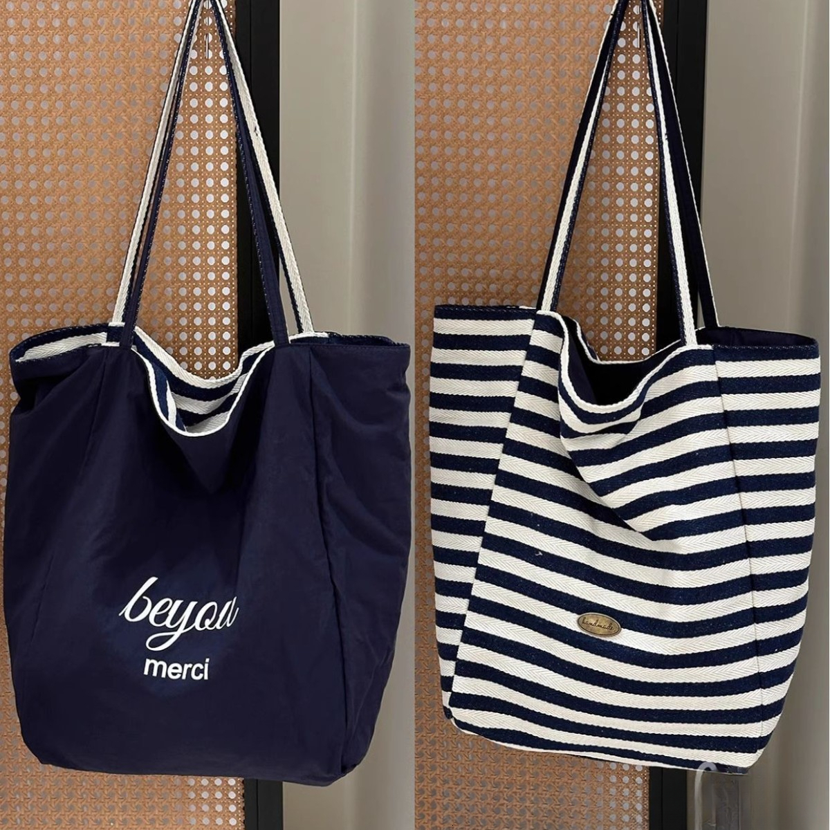 2025 autumn new casual lightweight striped double-sided usable simple niche commuting canvas handbag designer canvas bag bag women's shoulder bag