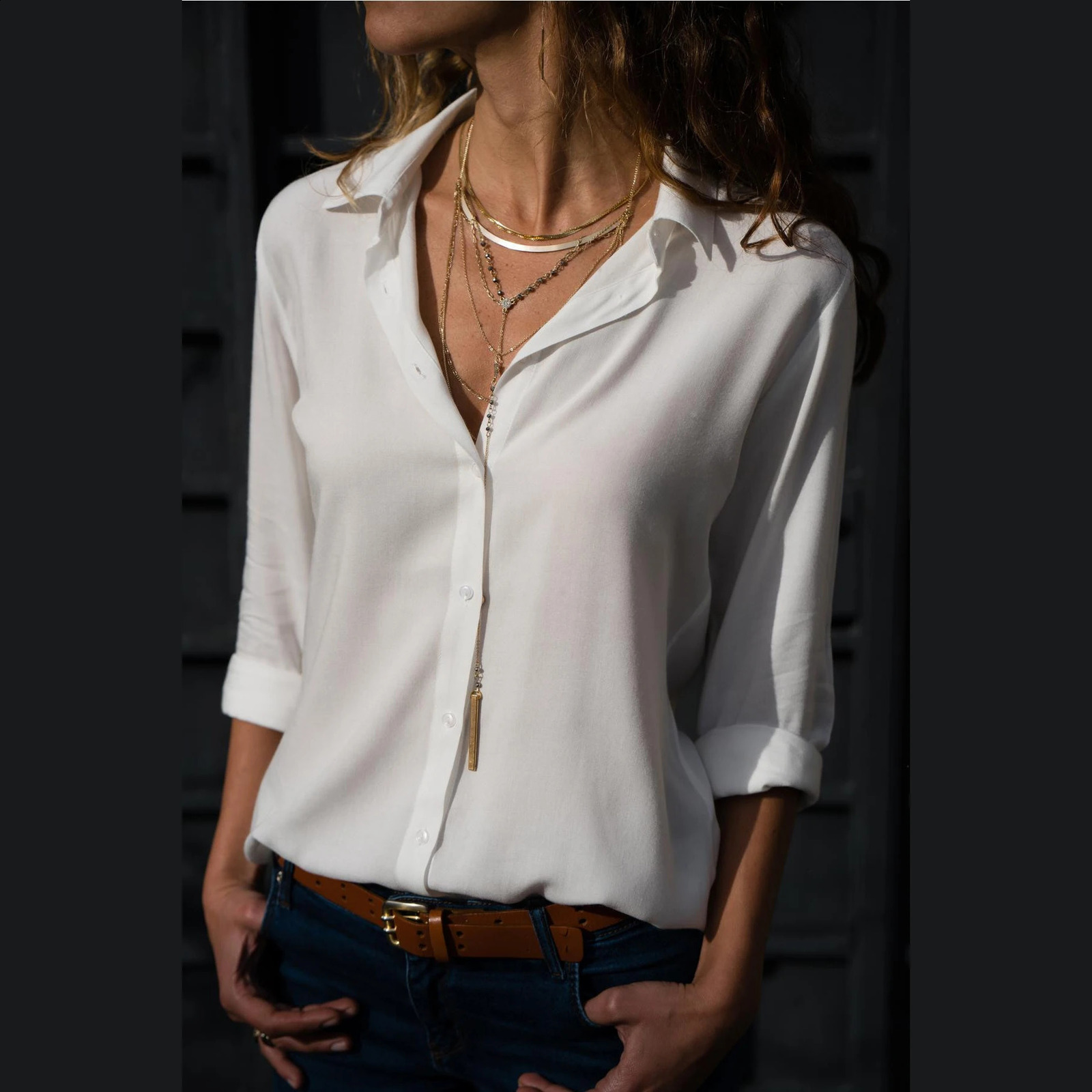 Autumn Shirt Womens Polo Collar Office Lady blouse Vintage Loose Button Up Down Shirts Fashion Tops y250828