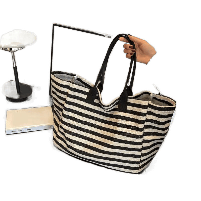 2025 autumn new canvas bag, fashionable commuting bag, simple and niche design, women's large bag capacity handbag, striped designer shoulder bag
