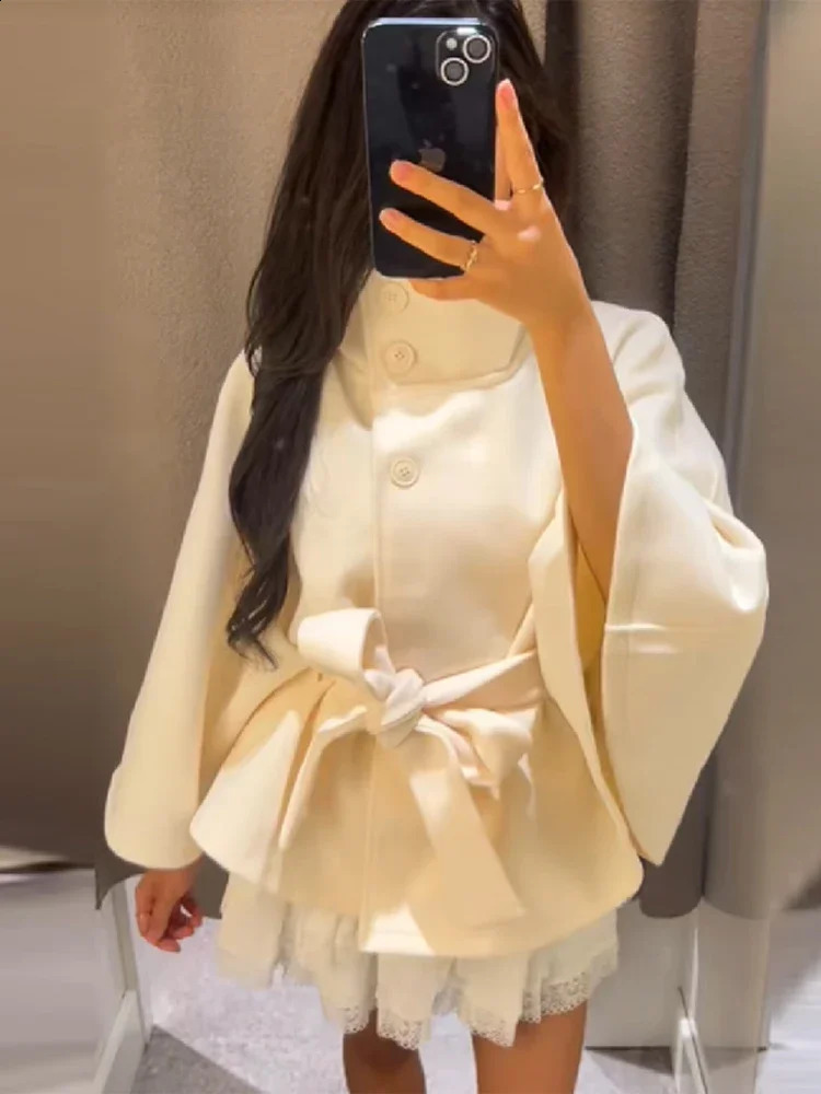 Woman Elegant Vintage Cape Coat Loose Stand Neck Belt Single Breasted Female Streetwear 2025 Autumn Winter Casual Lady Outwear 250828
