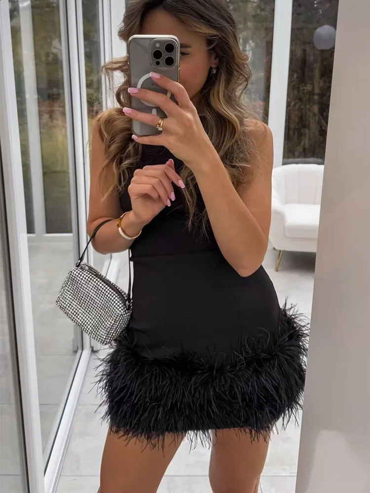 TFMLN Elegant Women Feathers Mini Dresses Sexy Slim Sleeveless Chic Party Dress Fashion Back Zipper Dress 250828