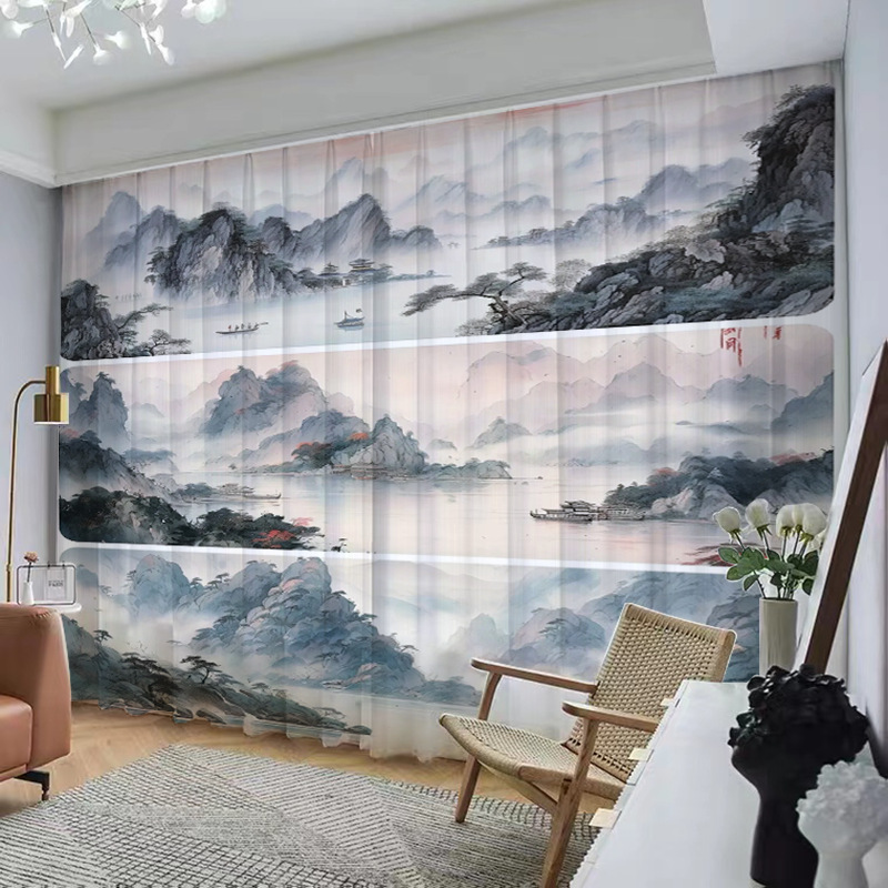 YL-37056 Chinese style ink landscape painting, new Chinese style curtains, new mesh curtains, classical and simple living room window curtain