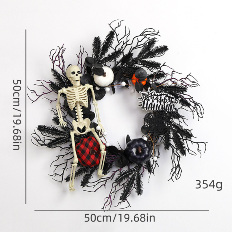Halloween Skull Black and White Pumpkin Vine Ghost Festival Horror Front Door Wreath Hanging Decoration Bar Atmosphere Setup