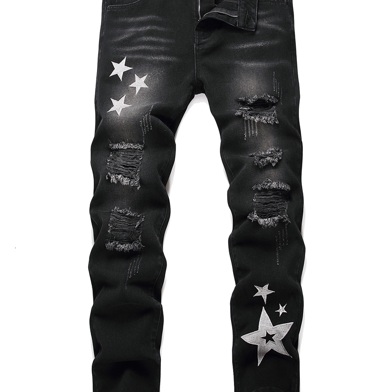 Black Y2K Jeans Mid Rise Straight Leg Man Pants with Silver Star Distressed Ripped Denim Clothing Hip Hop Male Streetwear250828