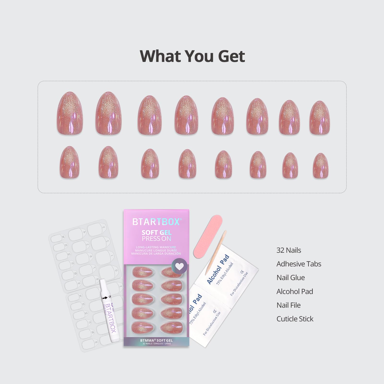 Almond Shaped Press On Nails With A Shiny Pink Surface, Eye-catching And Suitable For Girls And Women To Wear At Parties And Banquets