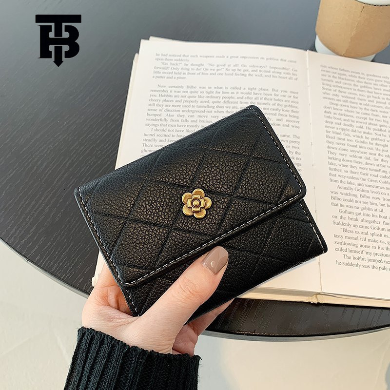 TB BHULAMTE Luxury Small Fragrant Women's Wallet Short Handbag New Camellia Design High End Grid Coin Bag Buckle Multi Card Slot Card Bag Free Sh