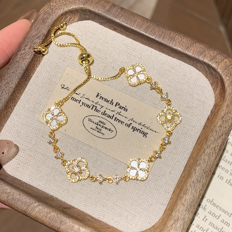Gold - Toned Clover Bracelet, White Shell & CZ Sparkle, Adjustable Slider, French - Chic Vibe, Delicate Jewelry Accessory