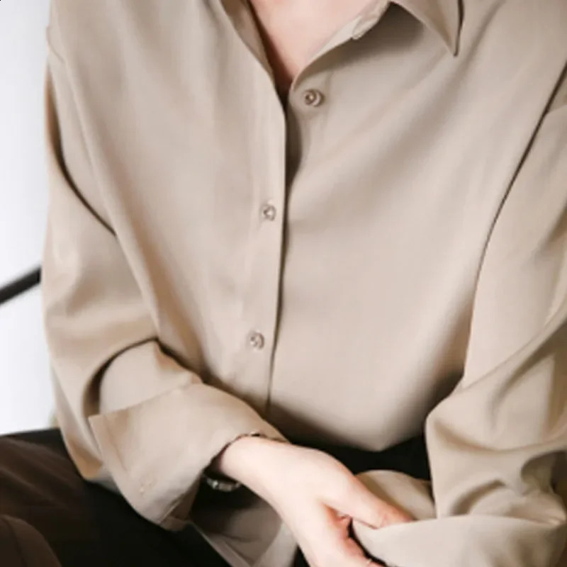 2025 Elegant Satin Loose Women Shirt Spring Turndown Collar Ladies Blouse Autumn Vintage Casual Button Silk Tops yy250828